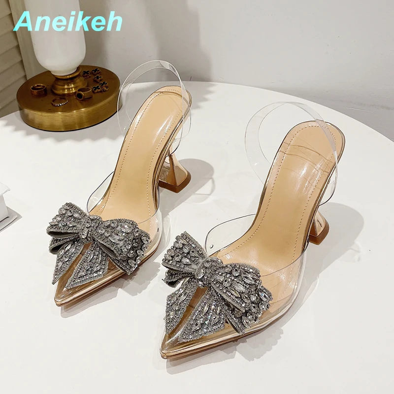 Aneikeh 2023 Summer Women Fashion Shoe Sexy High Heel Ankle Slingbacks Buckle Strap Pointed Toe Butterfly-Knot Decoration Pumps