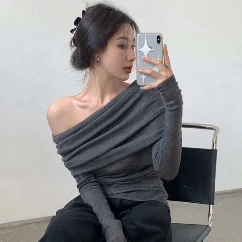 Slim Slash Neck Pullovers Women Knitted Gentle Elegant Off Shoulder Autumn Winter Long Sleeve Streetwear Sexy Pleated Female