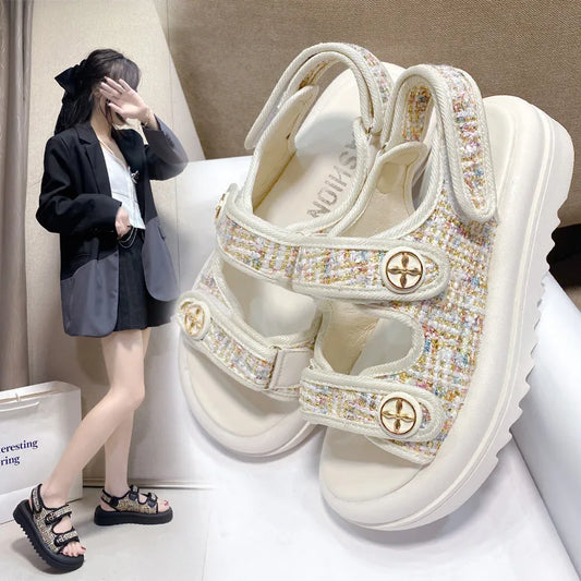 Beach Sandal Woman Luxury 2024 Summer Shoes Clogs With Heel Suit Female Beige Flat Thick Comfort Low Black New Girls Fashion Rom