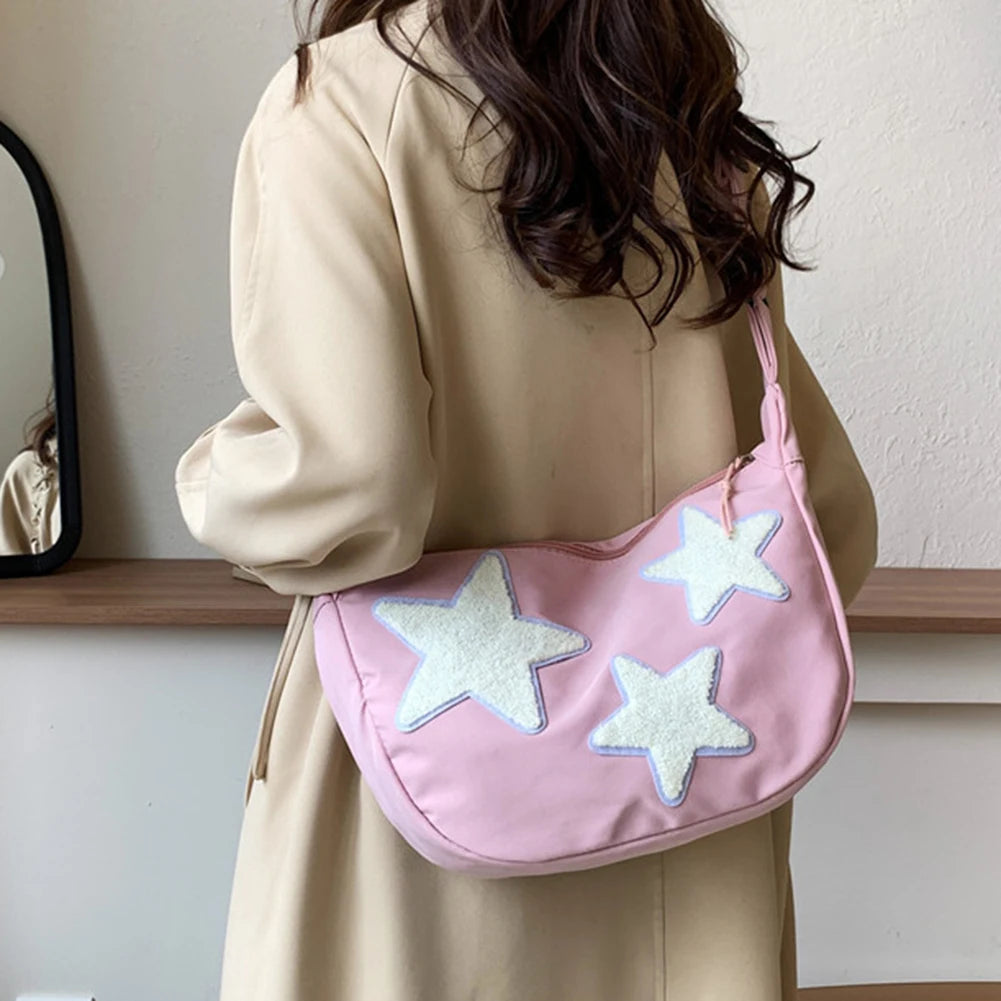 Women Canvas Messenger Bag Adjustable Strap Star Shoulder Bag Soft Crossbody Sling Bag Pentagram Satchel Bag Slouchy Travel Bag