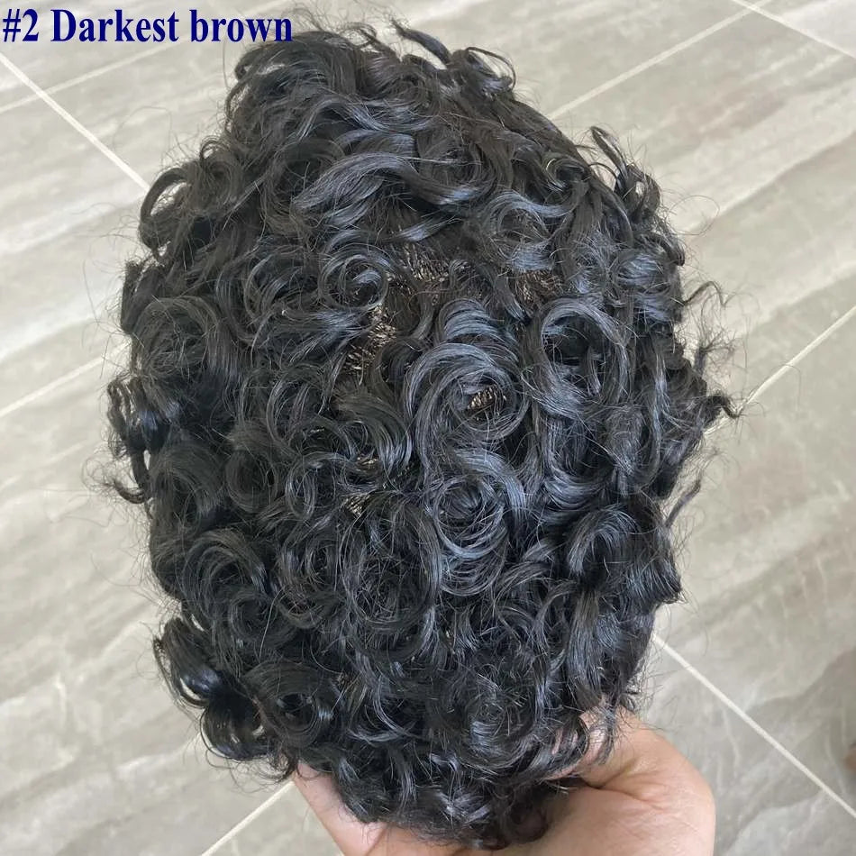 Full Skin Base 20mm Curly Human Hair Men's Toupee Durable Prosthesis System Black/Brown Hair Piece 130 Density Natural Frontline