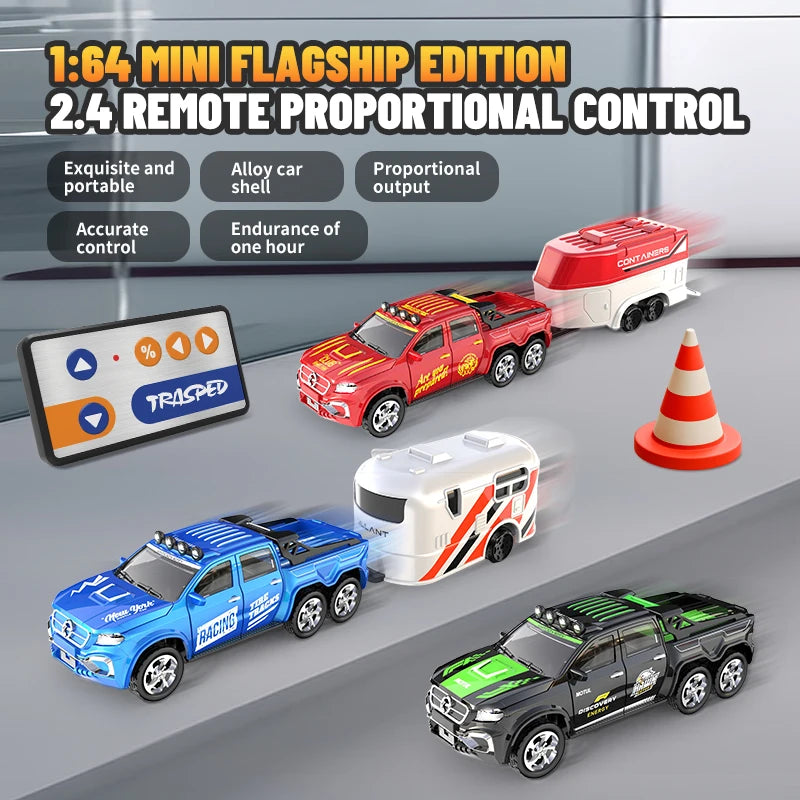 1:64 Metal Alloy Proportional Remote Control Vehicle Model 2.4GHz Mini Simulation RC Car With Trailer