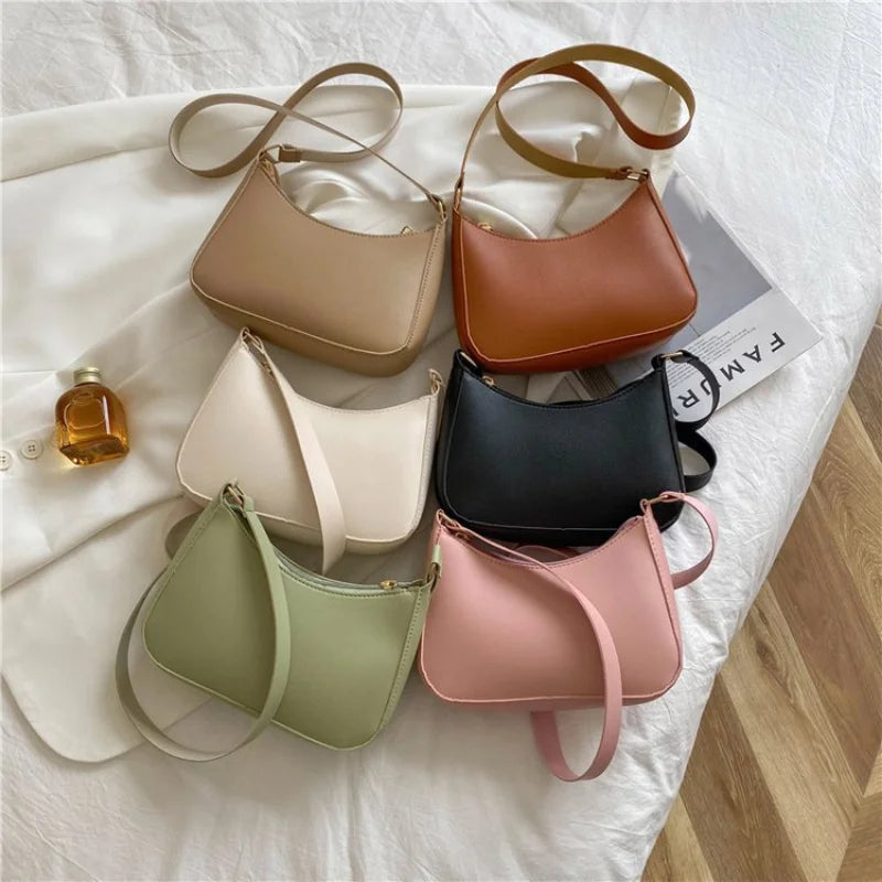 Retro Solid Color PU Leather Shoulder Underarm Bag Women's Fashion Handbags Casual Hobos Purses and Handbag Ladies Hand Bags