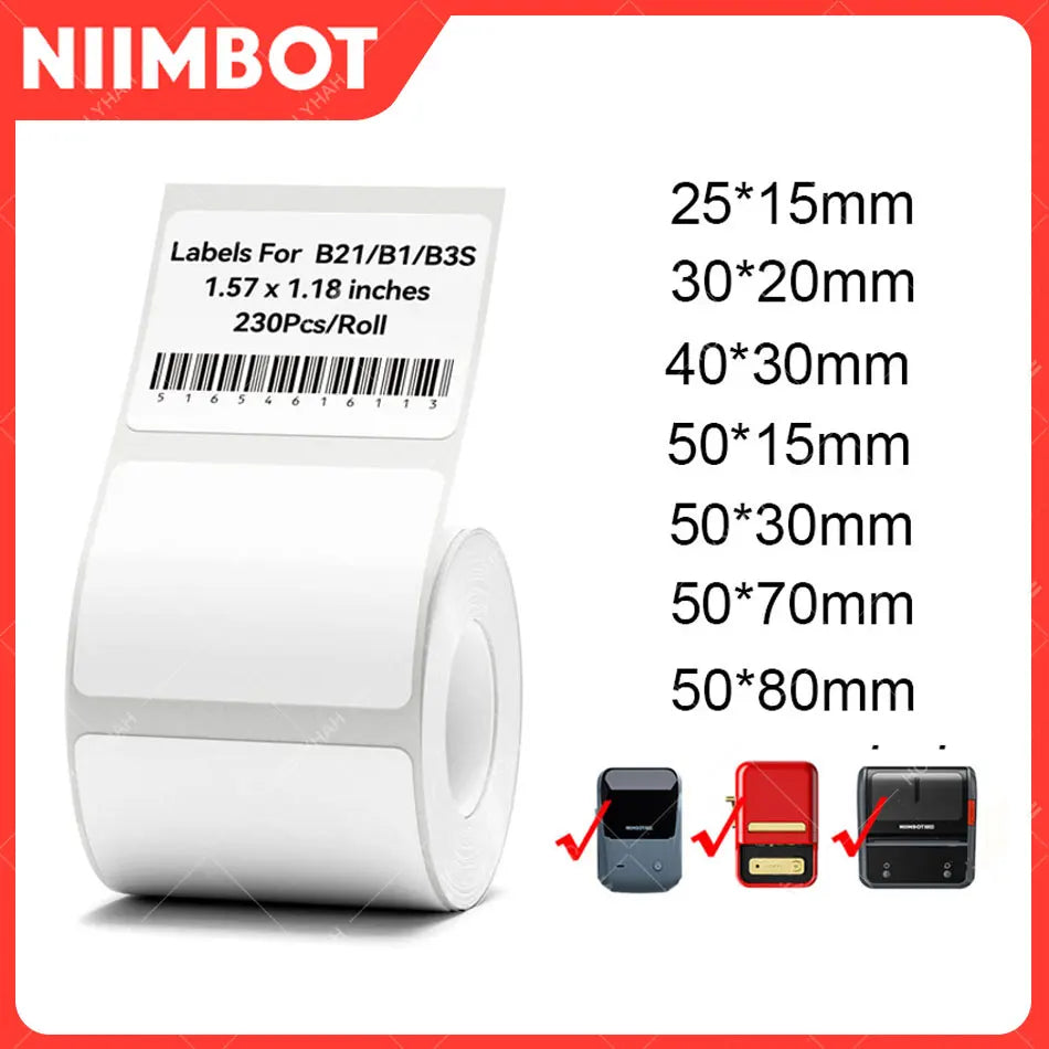 ورق ملصقات حرارية Niimbot B21/B1/B3S قابل للطباعة باللون الأبيض بعرض 20-50 مم لعلامات الملابس وسعر السلع والمواد الغذائية ذاتية اللصق