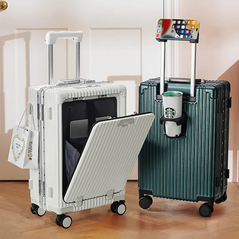 20/24 inch Travel suitcase on wheels TSA  Aluminum frame Front opening rolling luggage case USB middle size luggage with Wheels