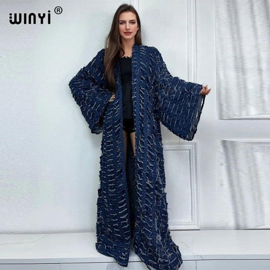 WINYI new faashion coat for women new 2023 Loose OverCoat autumn Hollow denim long down coat swimsuit cover up winter kimono