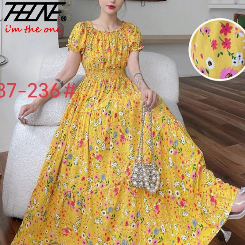 THHONE Vestidos Robe Maxi Длинное платье Женская летняя индийская одежда в богемном стиле из хлопка и льна с цветочным принтом и коротким рукавом в Корейском стиле Повседневная