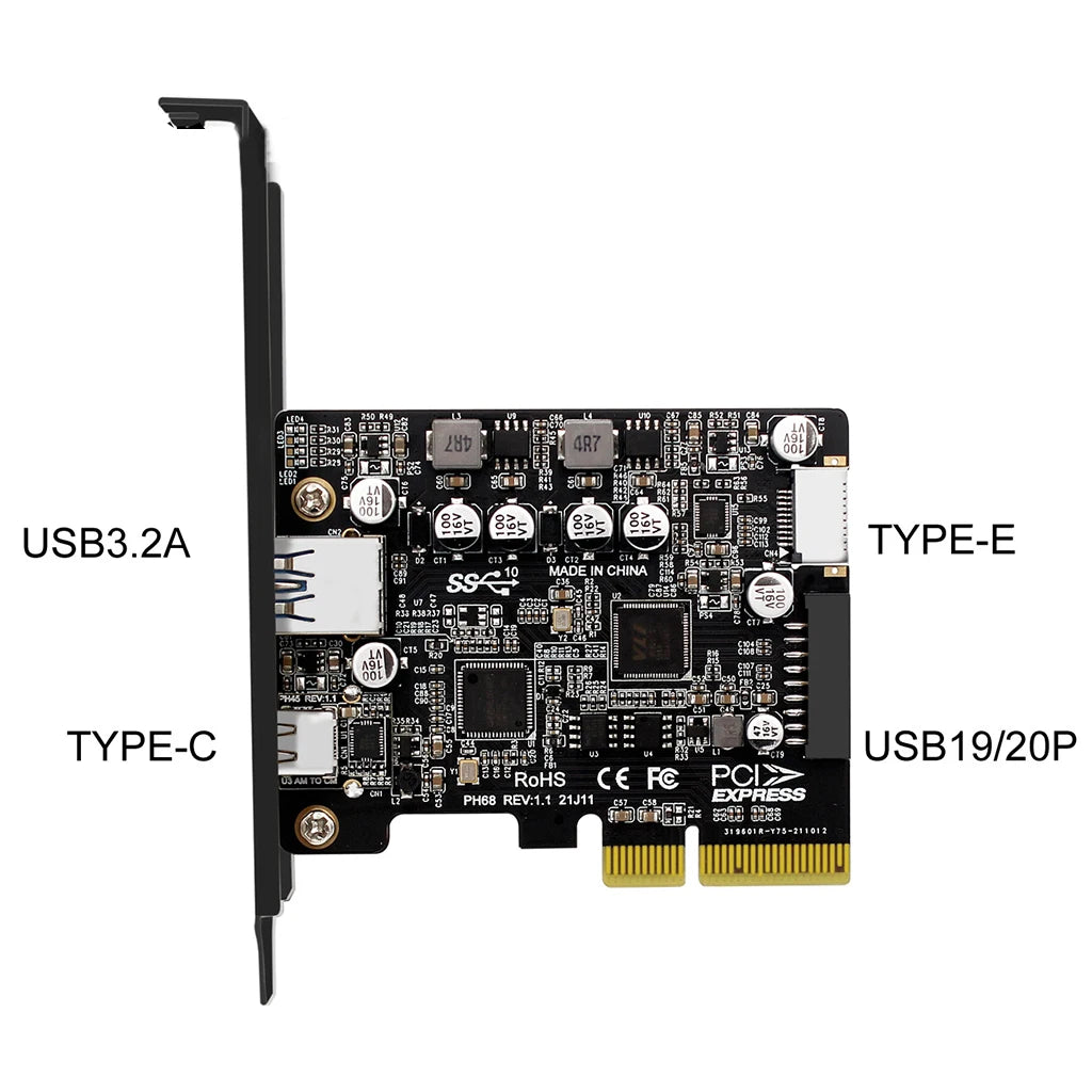 Карта адаптера PCIe3.0 - USB3.2 Type-C Front 10Gbps PCI Express PCI-E USB 3.2 Контроллер Дополнительная карта TypeE 19P/20P Карта расширения