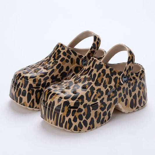 Leopard Thick Bottom Clogs for Women Closed Toe Chunky Platform Sandals Woman Summer 2023 Super High Wedge Heel Slippers Female