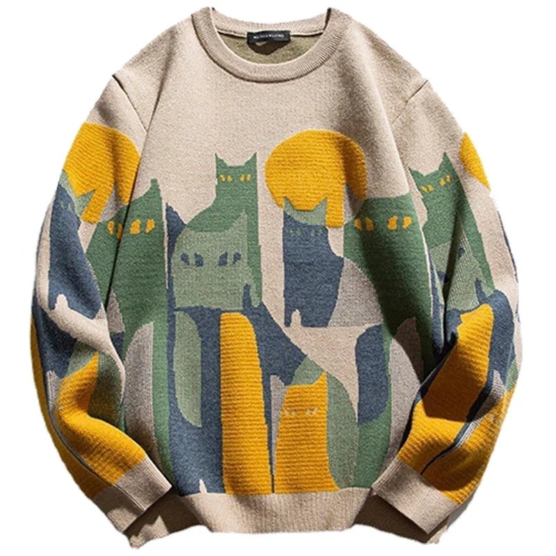 2023 Autumn Knitted Sweater Men Women Winter Harajuku Cartoon Full Cat Print Pullover Vintage Causal Loose Sweaters Streetwear