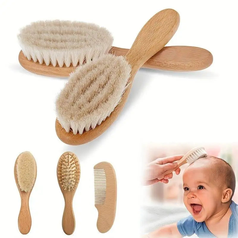 2pcs Baby Care Hair Brush Beech Soft Wool Wood Comb Newborn Massager Comb Baby Shower And Gift Baby Sleeping Soothing Bedding