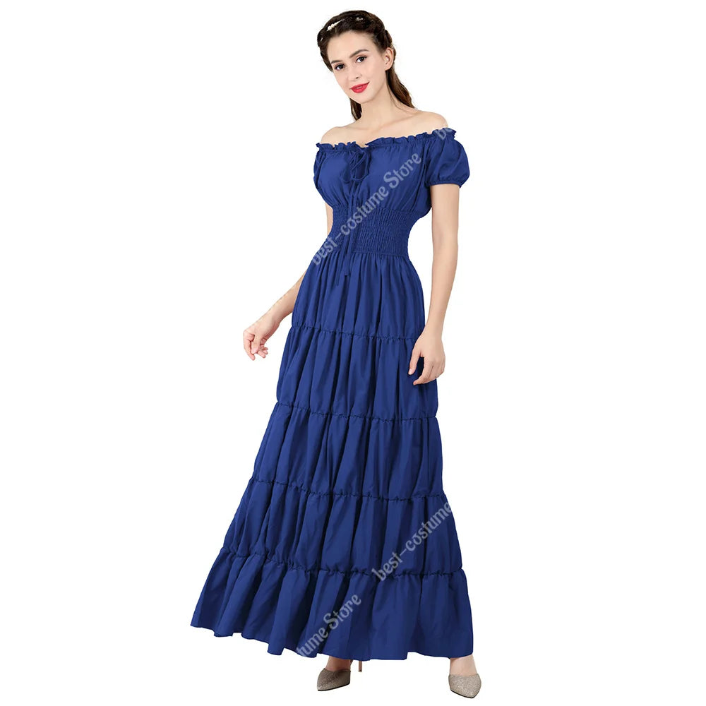 Medieval Dress Off Shoulder Victorian Irish Dresses European Clothing for Women White Elastic Waist Long Dress Elegant