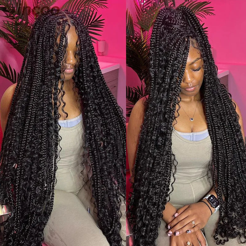 Long 32 Boho Braided Full Lace Front Wigs Synthetic Blonde Curly Goddess Locs Cornrows Wigs Pre Plucked Baby Hair Box Braids Wig