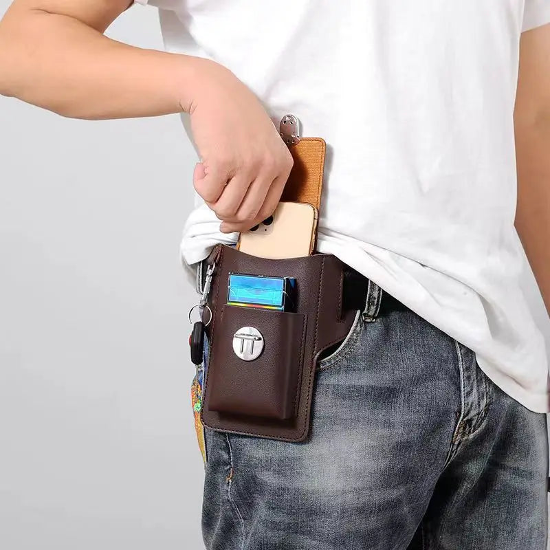 2024 Fashion New Men's Belt Leather Case Vertical Multifunctional Portable Phone Waistpack Card Bag Can Be Keyed Pu Leather Gift