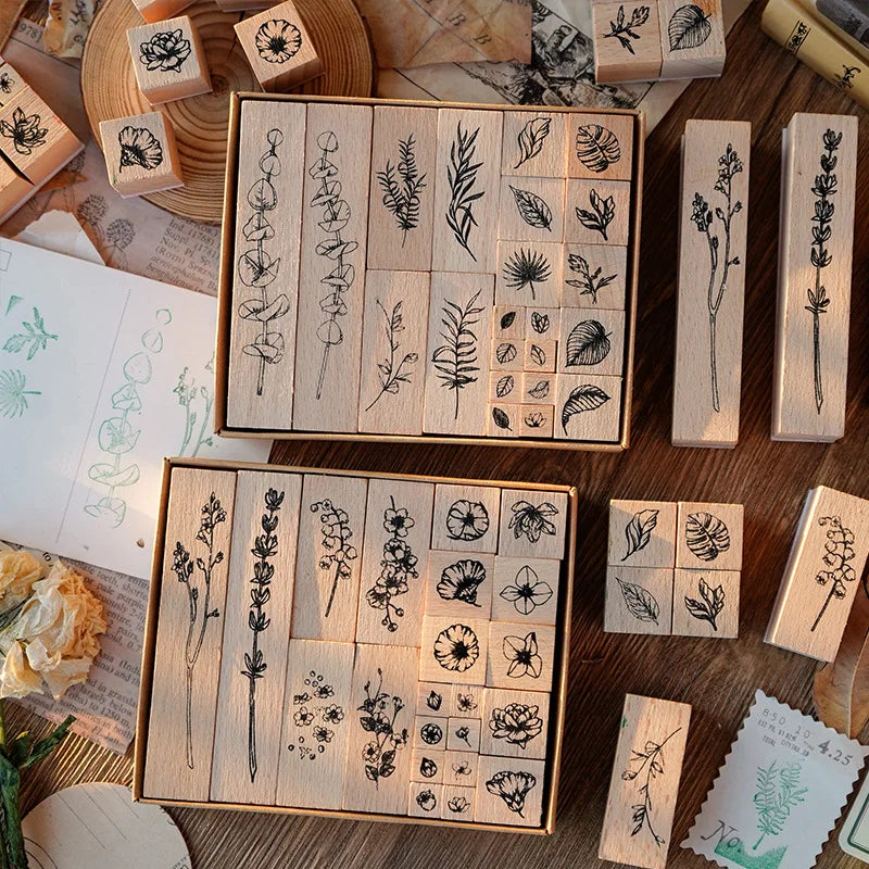 Yoofun 30pcs/set Natural Plants Leaf Flower Wooden Stamp Set Collage Junk Journal Scrapbooking Card Making Standard Stamps