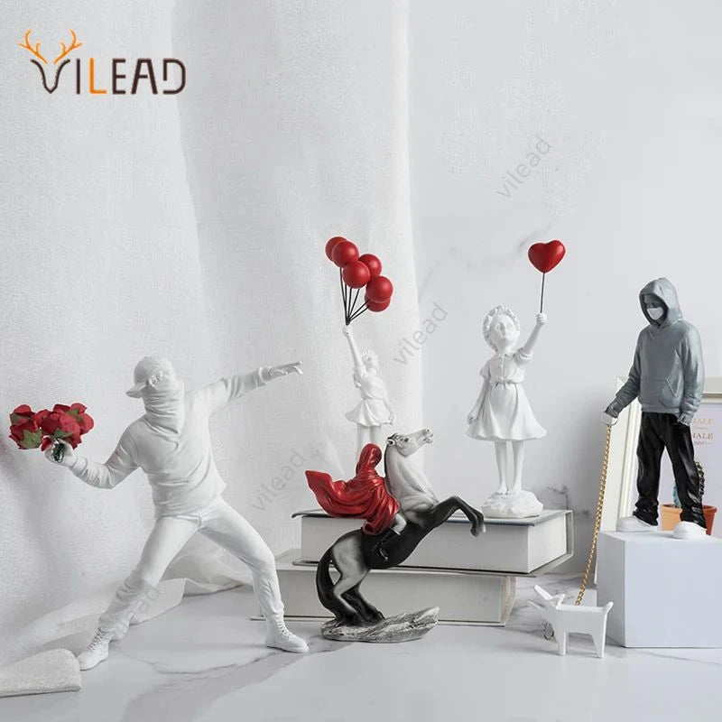 Vilead Banksy Sculpture Collection Flower Thrower Statue Pop Art Modern Balloon Girl Figurine Office Home Decoration Street