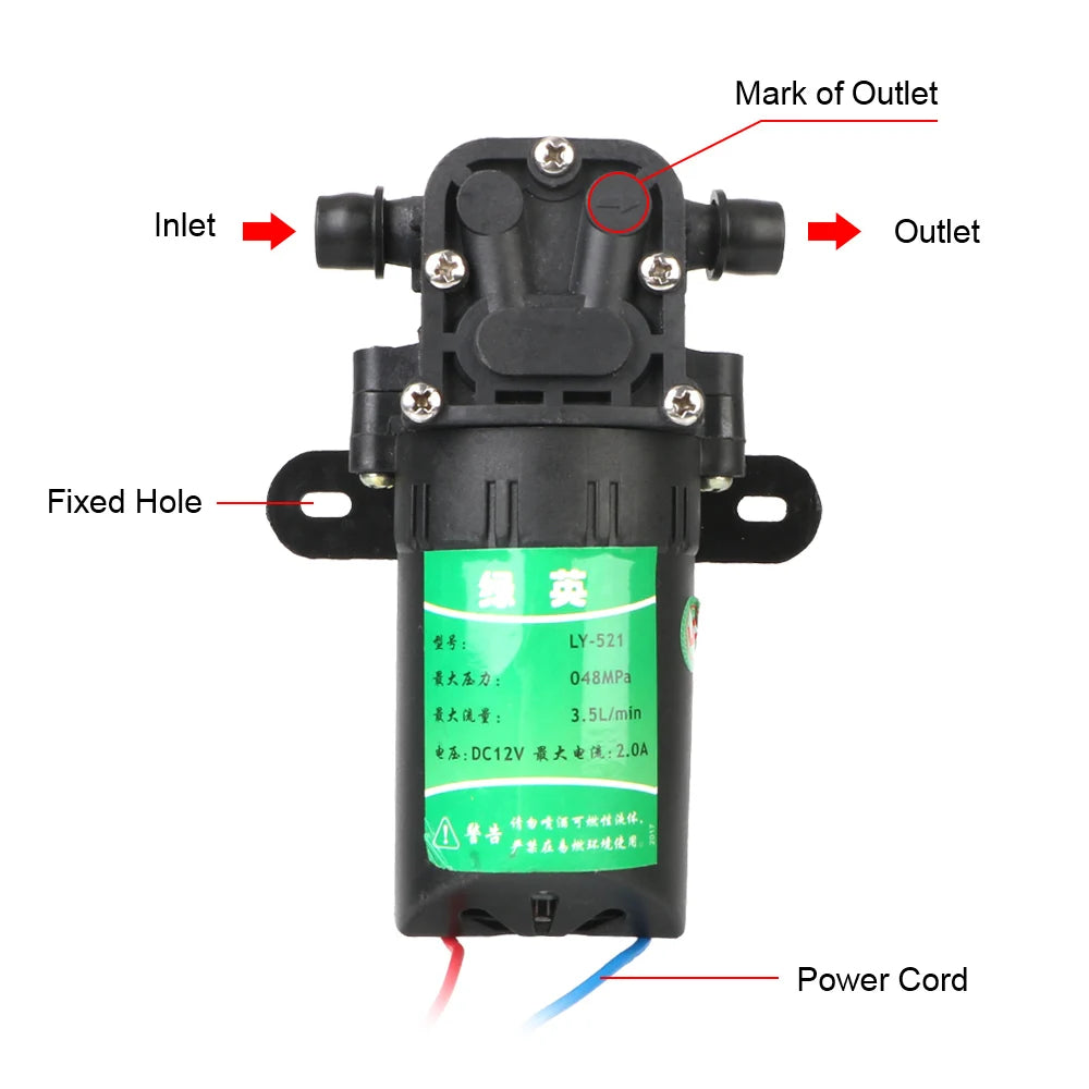 ملحقات مضخة المياه الكهربائية الزراعية DC12V غشاء عالي الضغط 3.5 لتر / دقيقة رذاذ الماء لغسيل السيارات