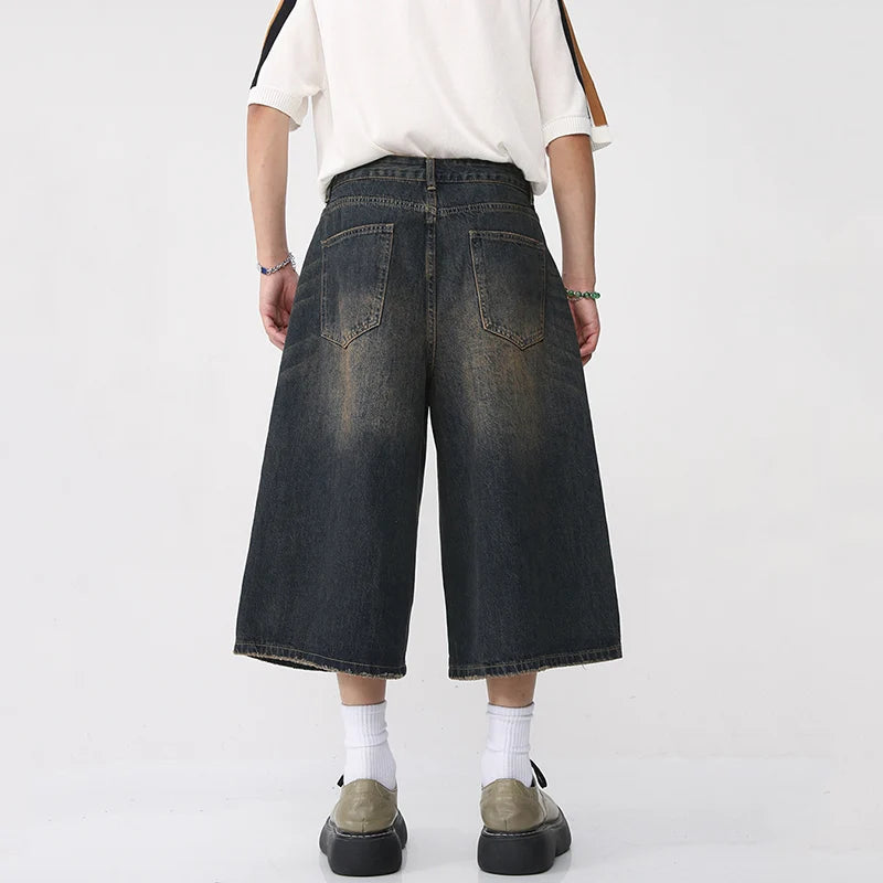 IEFB Korean Style Vintage Men's Jeans Summer Loose Male Wide Leg Knee Length Shorts 2023 New Washed Fashion Denim Trouser 9A8825