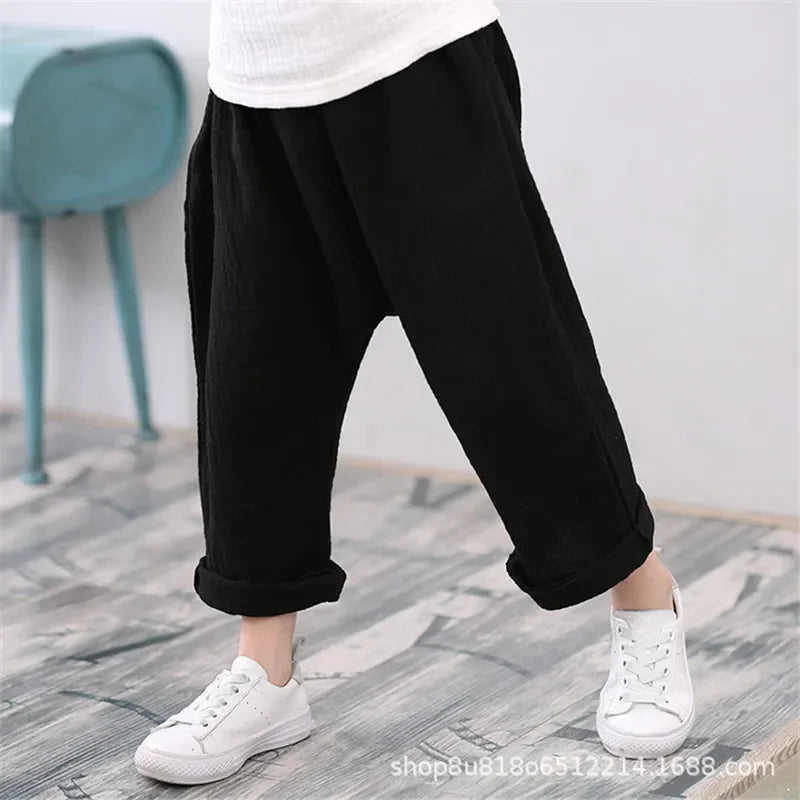 Kids Pants Boy Girl Summer Solid Color Linen Pleated Trousers Children Ankle-length Pants for Baby Casual Harem Pants