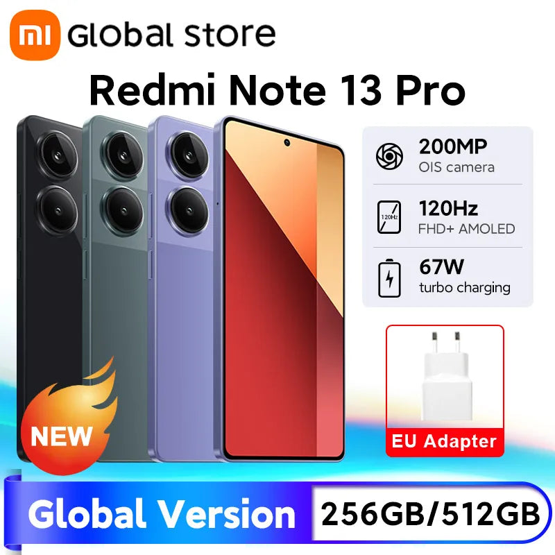 الإصدار العالمي الجديد من الهاتف الذكي Xiaomi Redmi Note 13 Pro 4G MTK Helio G99-Ultra شاشة AMOLED مقاس 6.67 بوصة وشاحن توربو بقوة 67 وات وبطارية 5000 مللي أمبير في الساعة