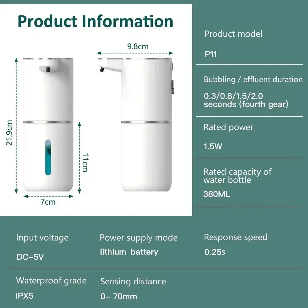 موزع صابون رغوي أوتوماتيكي P11 سعة 380 مل، غسالة يدوية ذكية للحمام مع شحن USB ABS بأربعة مستويات قابلة للتعديل