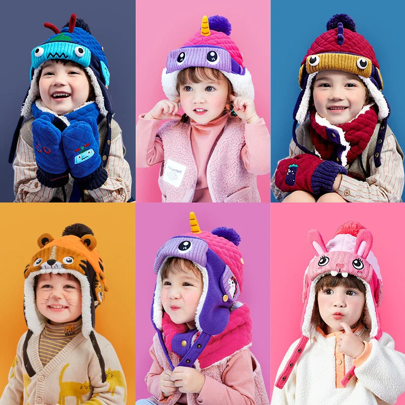 Dinosaur Unicorn Style Kids Skiing Caps & Scarfs Baby Winter Hats Children Warm Gloves For Boys Girls Suit Hat Scarf And Gloves