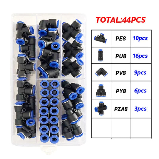 44Pcs/Box PU/PZA/PY/PV Pneumatic Connectors Kit 8mm Outer Diameter of the Hose Pipe Tube Air Compressor Parts