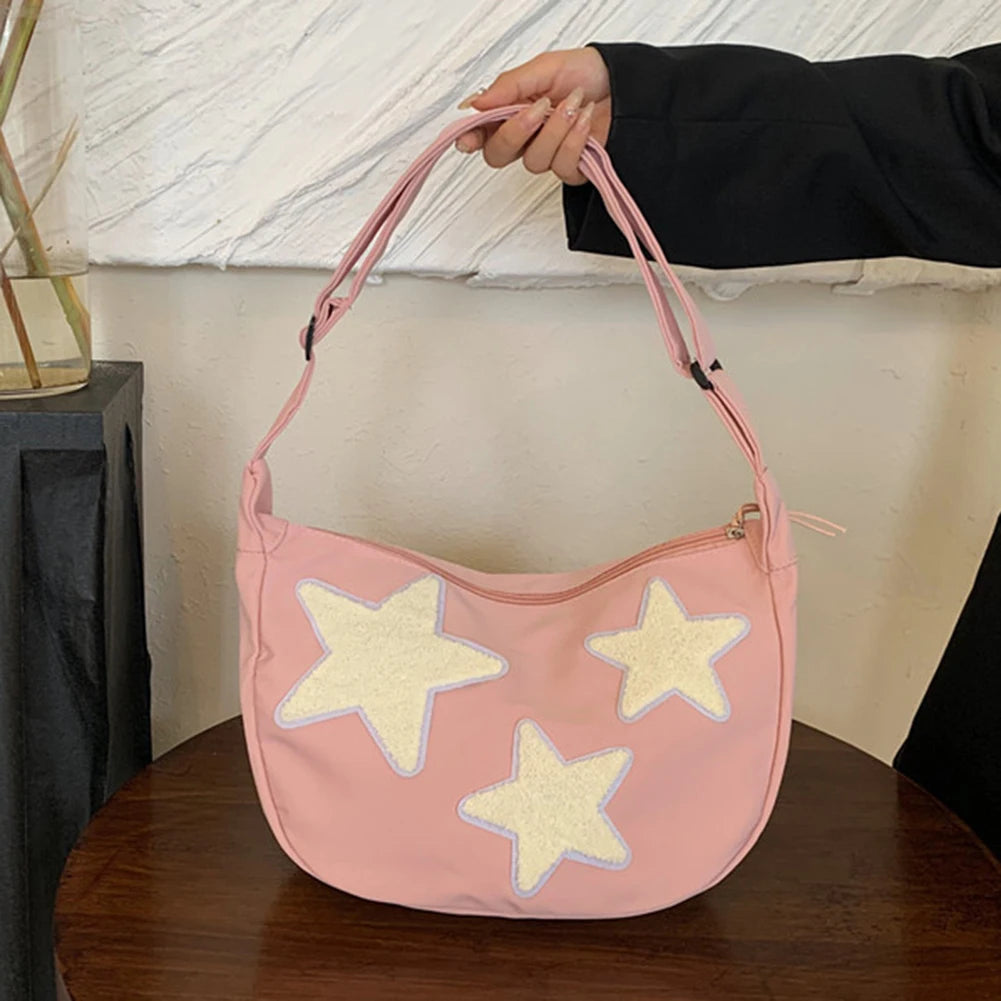 Women Canvas Messenger Bag Adjustable Strap Star Shoulder Bag Soft Crossbody Sling Bag Pentagram Satchel Bag Slouchy Travel Bag