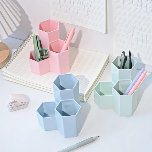 Large Capacity Hexagonal Desktop Organizer Pen Container Holder Storage Pencil Cup 3 Slot Stand School Office Supplies