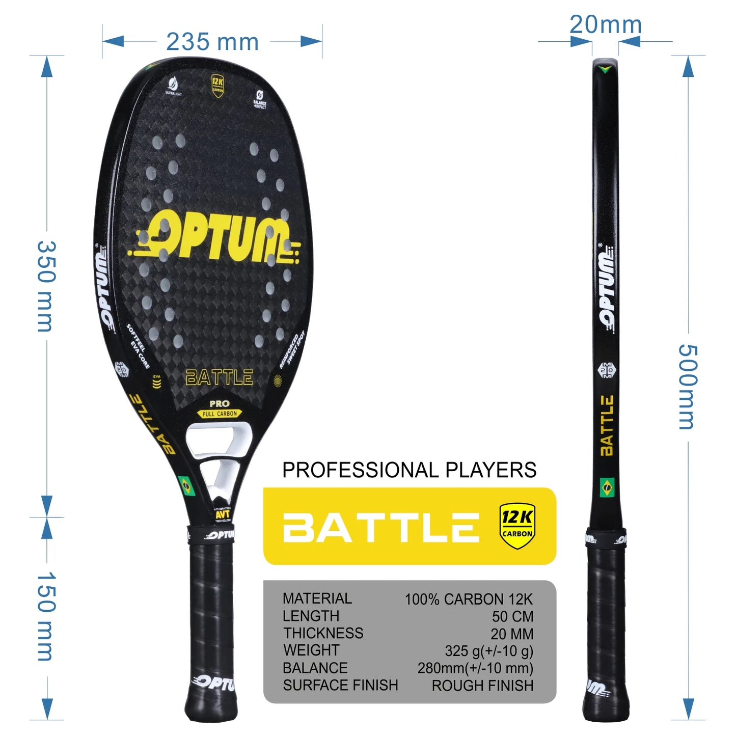 OPTUM BATTLE 12K Carbon Fiber Rough Surface Beach Tennis Racket With Cover Bag