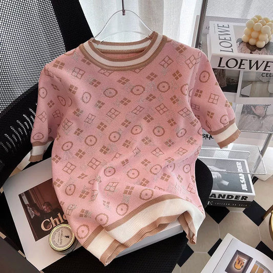 New 2024 Summer Women Short Sleeve Fashion Knit Glitter Stones Tshirt Femme Vintage Luxury Designer Slim Leisure T-Shirt Tops