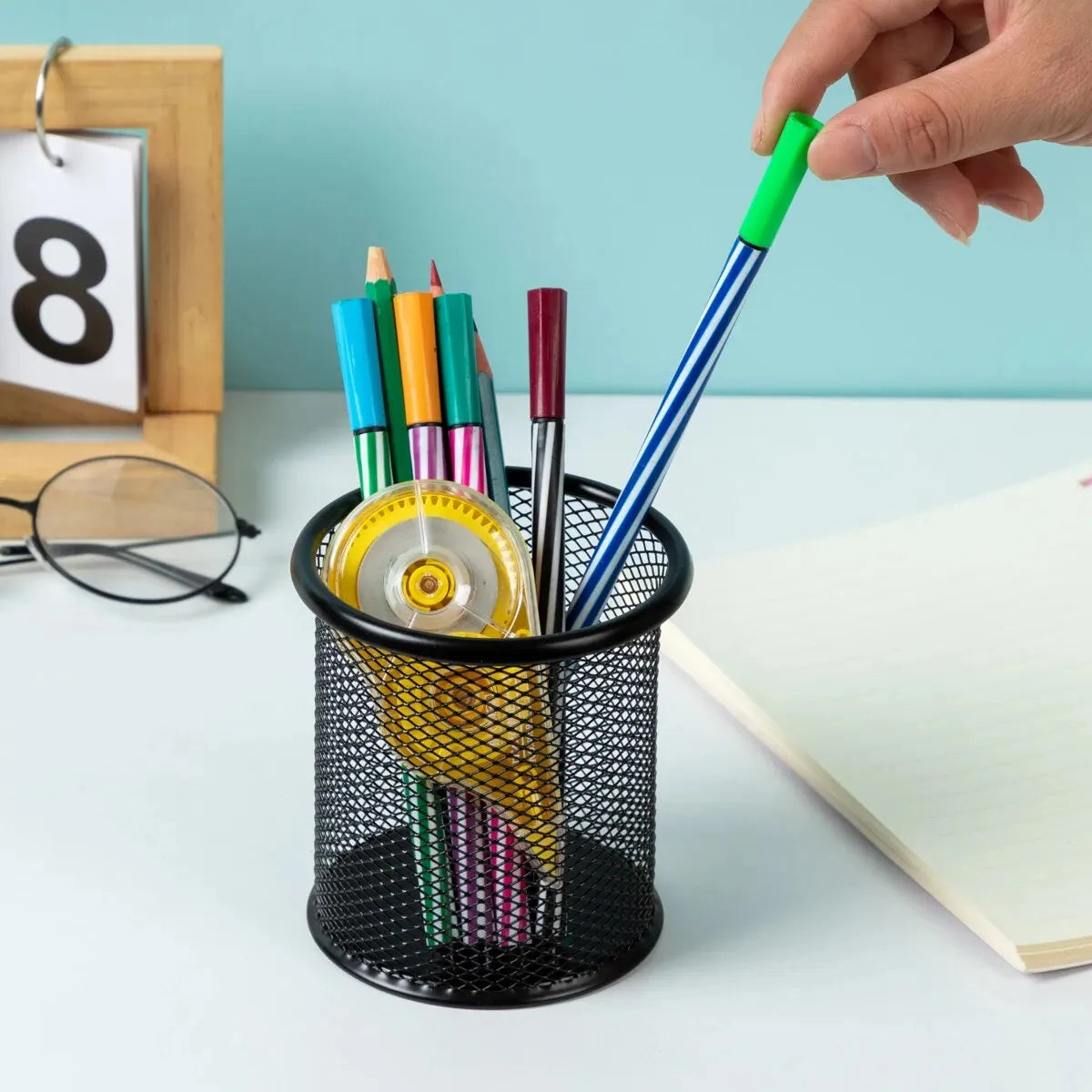 MOTARRO 1Pcs Pencil Holder Office Desk Metal Mesh Square Round Pen Pot Cup Case Container Organiser Durable Pencil Case