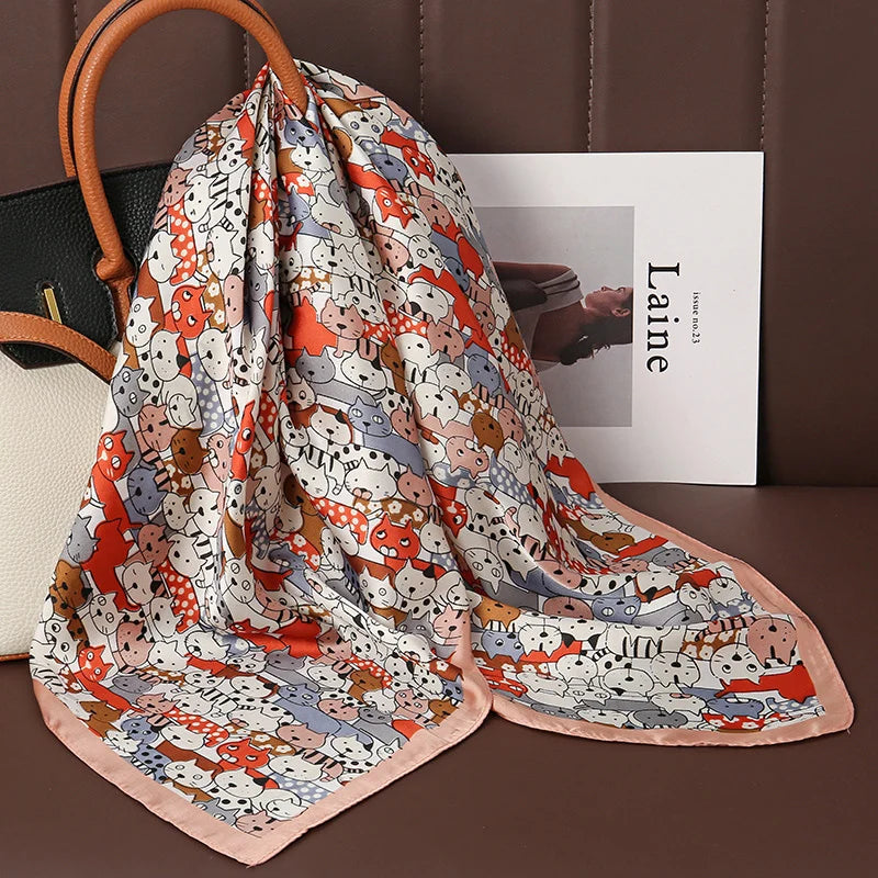 Luxury Print Satin Silk Square Scarf for Women Shawl Hijab Neckerchief Female Hair Ribbon Headband Fashion Wrap Bandana 2023 New