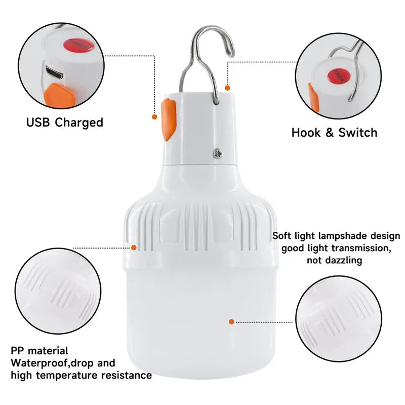 مصابيح LED خارجية قابلة لإعادة الشحن بمنفذ USB عالية السطوع لإضاءة الطوارئ للتخييم والصيد ومصباح محمول لأضواء الليل