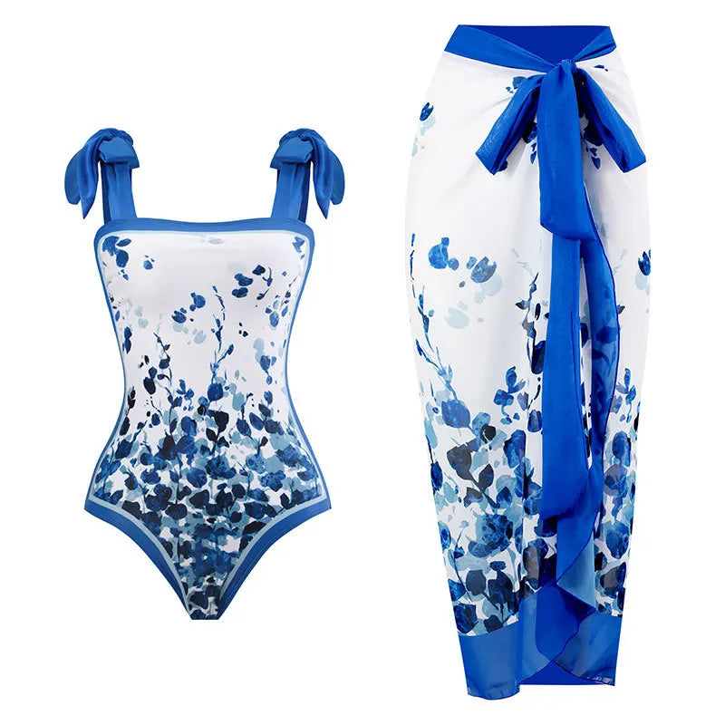 Blue One-Shoulder Ruffled Print Floral Swimsuit Set Cover Up Single Piece Micro Monokini Sexy Swimwear For Girls Summer Beach