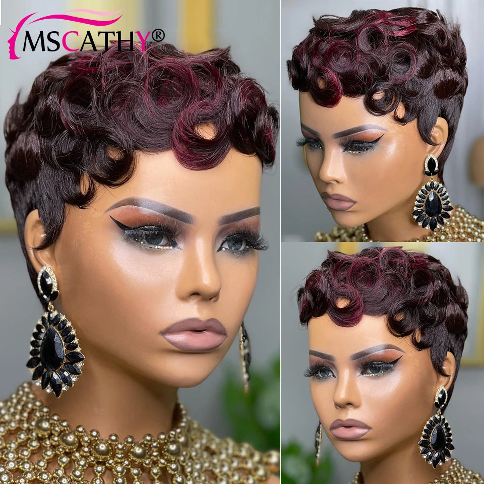 Ginger Pixie Cut Human Hair Wigs For Women Brown Curly Short Bob Full Machine Made Wig 99J Glueless Brazilian Virgin Hair Wigs