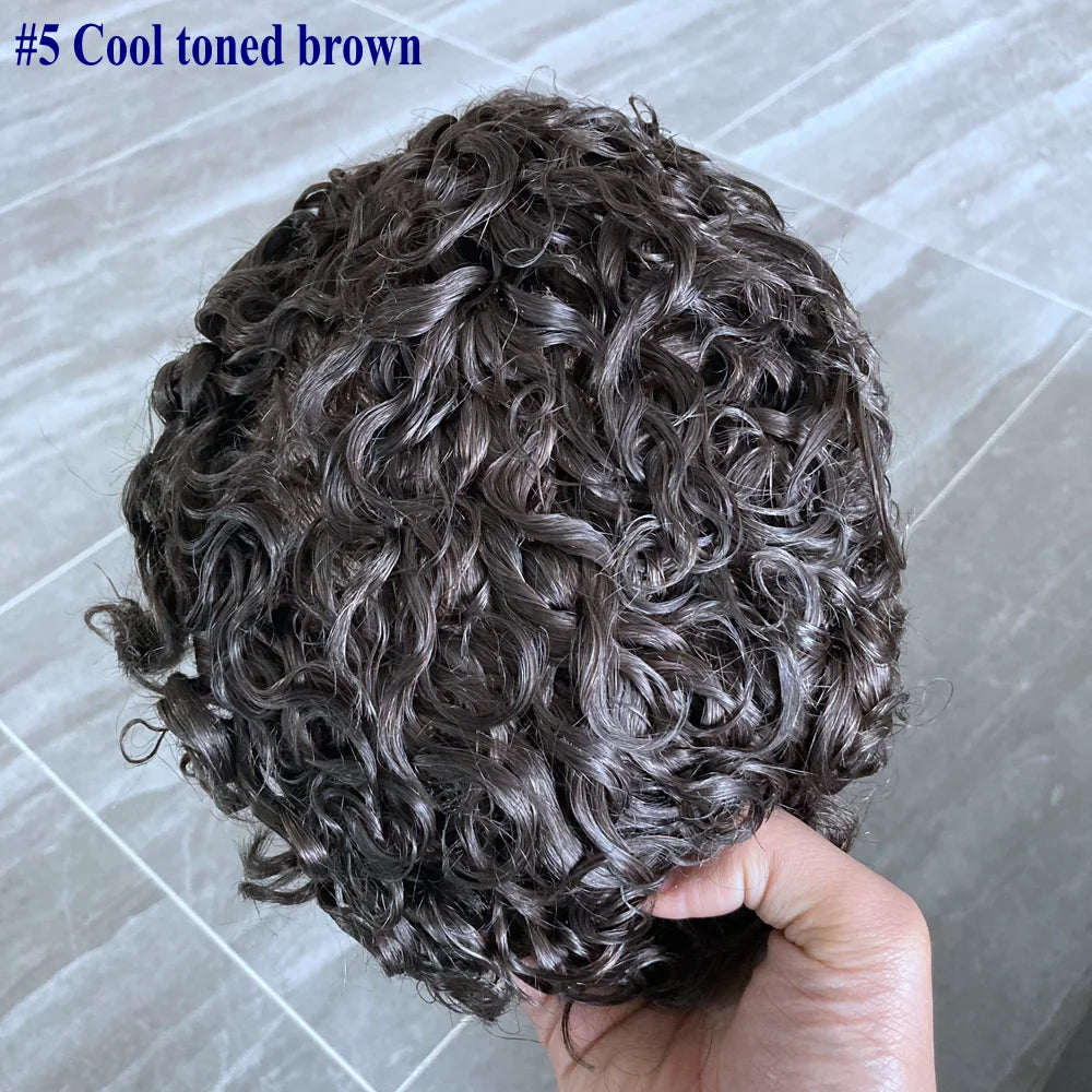 Full Skin Base 20mm Curly Human Hair Men's Toupee Durable Prosthesis System Black/Brown Hair Piece 130 Density Natural Frontline