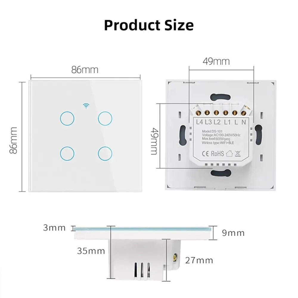 WiFi Smart Switch EU Light Wall Touch Switch 220V Нужен нейтральный провод Tuya Smart Life Работа с Alexa Google Home 1/2/3/4 Gang