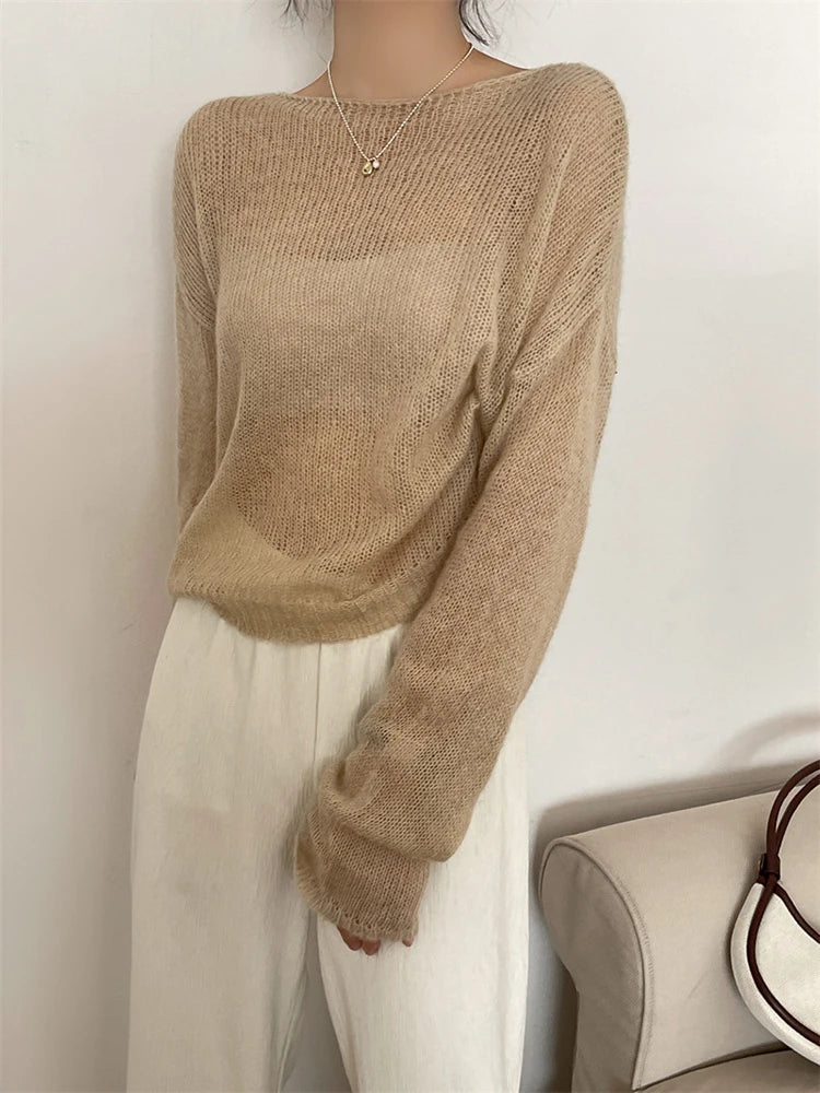 LANMREM Thin Knitted Sweater Women Long Sleeves Solid Color Transparent Pullover Female Fashion Top 2024 Spring Winter 2R4360