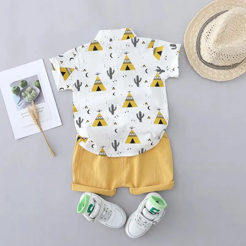 2PCS Children's Summer 100% Cotton Random Full Print Triangle Pattern Short Sleeved Stand up Collar Shirt and Shorts Set