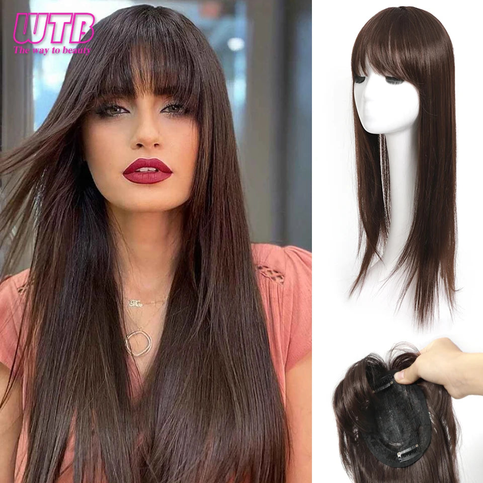 Synthetic Topper Clip In Hair Extensions with Bangs for Women Increase The Amount Of Hair On The Top Of The Head Cover The White