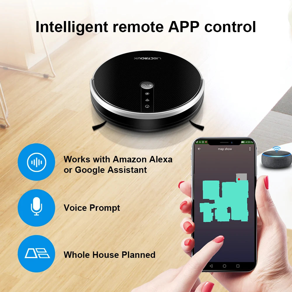 LIECTROUX/LILIN C30B Robot Vacuum Cleaner AI Map Navigation,Memory,Smart Partition,WiFi App,6000Pa Suction,Electric Water Tank