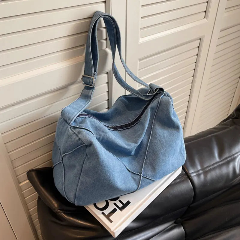 1pc Denim Crossbody Bag Female Literary Style College Students Casual Canvas Bag Large Capacity Lazy Wind Shoulder Bag