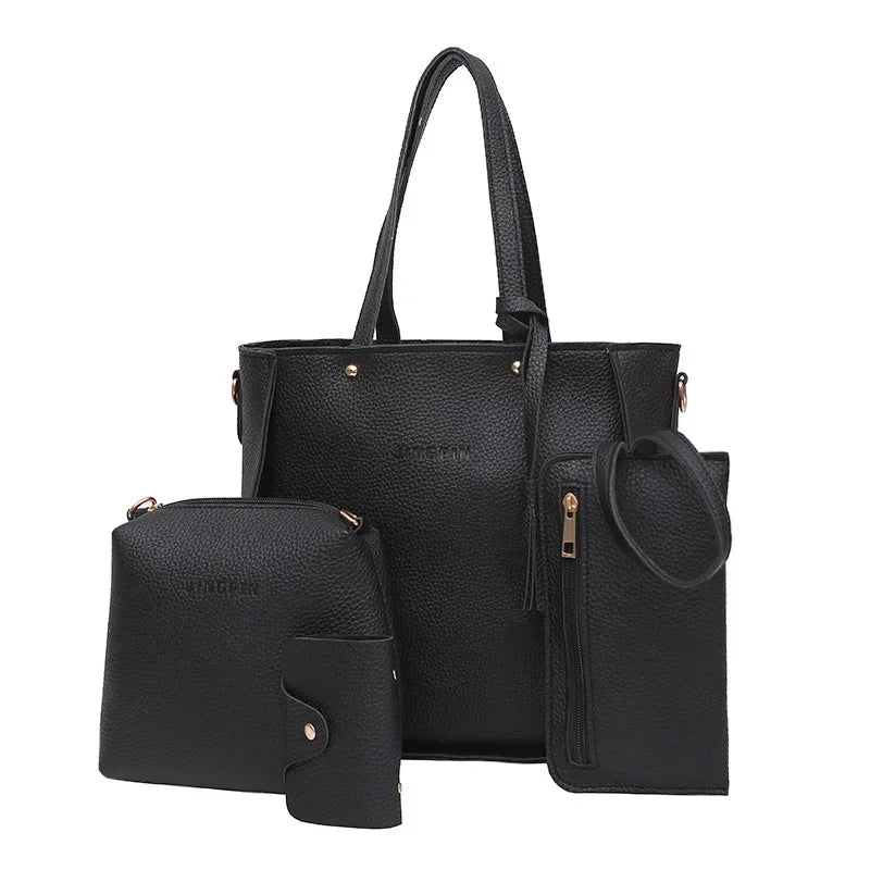 New 2023 New Large Capacity Lychee Pattern Handbags Women's European and American Retro Fashion Tassel Four-Piece Women's Bag