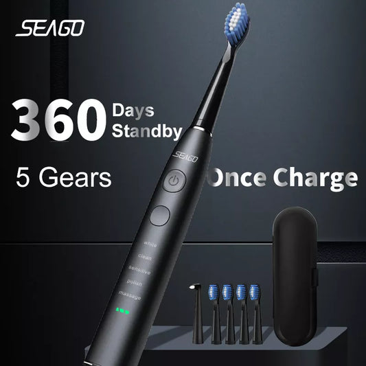 Seago Electric Sonic Toothbrush USB Rechargeable Adult 360 Days Long Battery Life with 4 Replacement Heads Gift SG-575