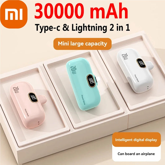 Xiaomi Mini 30000mAh Power Bank встроенный кабель портативное зарядное устройство для мобильного телефона внешняя батарея капсула Powerbank для iPhone Type-C