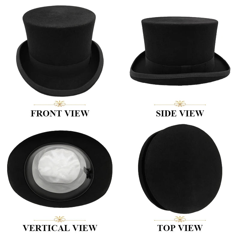 2024 Wool Flat Man Top Hat Fashion Fedora Versatile Magician Cap Gentleman Cylinder Strap Steampunk hat Elegant black luxury