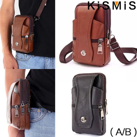 KISMIS Fashion Men's Leather Waist Bag - Multifunction Fanny Pack, Large Capacity Belt Bag with Shoulder Strap