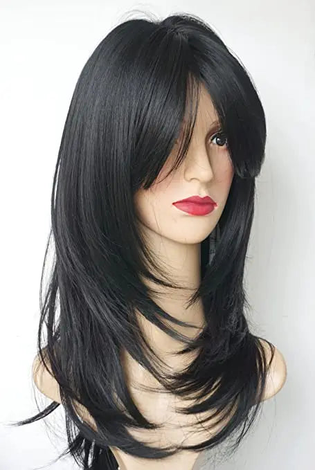 QQXCAIW Natural Long Wavy Wig For African American Women Cosplay Black Heat Resistant Synthetic Hair Daily Wigs