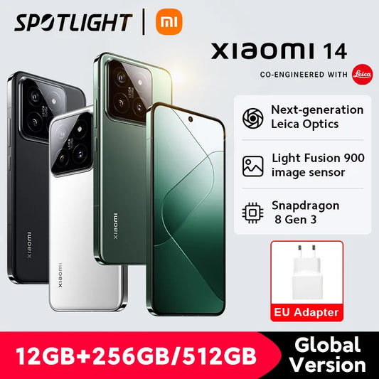 العرض الأول عالميًا لهاتف Xiaomi 14 الذكي الإصدار العالمي ذاكرة الوصول العشوائي 12 جيجابايت ذاكرة القراءة فقط 256 جيجابايت 512 جيجابايت معالج Snapdragon 8 الجيل الثالث كاميرا Leica بدقة 50 ميجابكسل شاشة AMOLED مقاس 6.36 بوصة